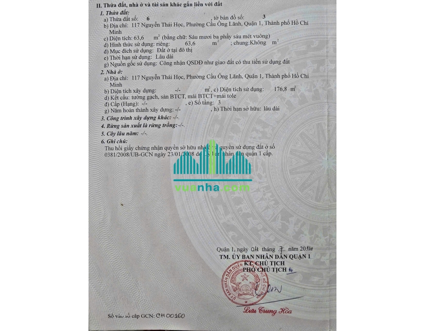 Bán Nhà Mặt Tiền 117 Nguyễn Thái Học, P. Cầu Ông Lãnh – Quận 1 – HĐT 65 Triệu/Tháng