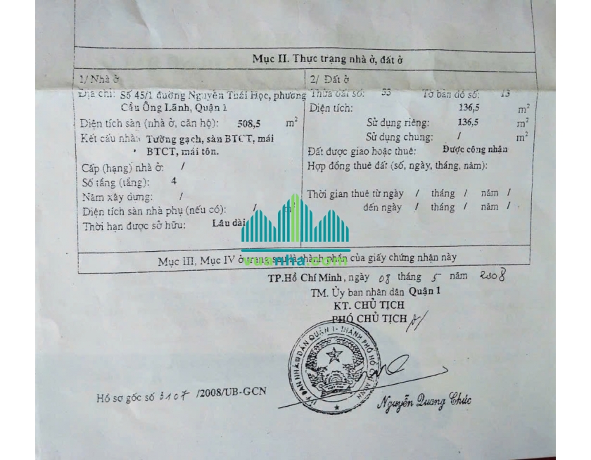 Bán Nhà Mặt Tiền 45/1 Nguyễn Thái Học, P. Cầu Ông Lãnh – Quận 1 – DT 7x19.9m